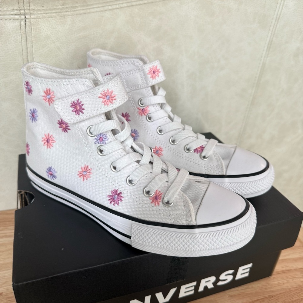 Converse White High Top Sneakers with Pink & Purple Floral Accents - size 2 - Picture 2 of 6